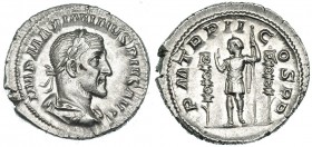 MAXIMINO I. Denario. Roma (236). R/ Emperador de pie a izq. con cetro, flanqueado por dos estandartes. P.M.TR.P.II/COS.P.P. RIC-3. EBC-.