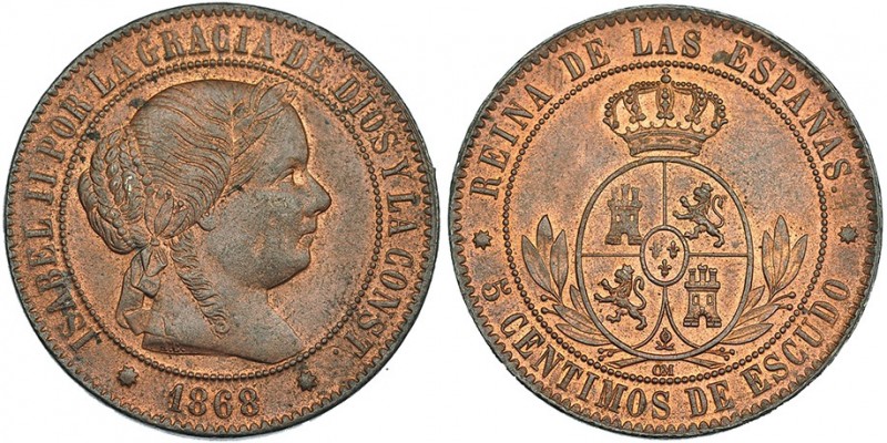 5 céntimos de escudo. 1868. Barcelona. VI-199. B.O. EBC.