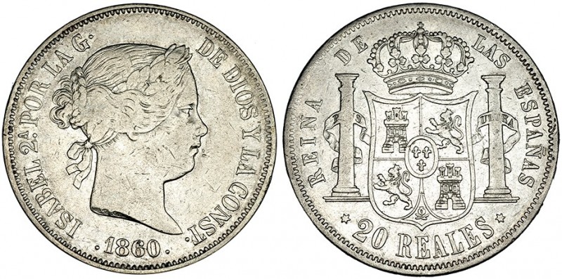 20 reales. 1860. Madrid. VI-516. Pequeñas marcas. MBC-. Escasa.