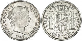 20 reales. 1858. Sevilla. VI-530. MBC. Escasa.