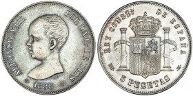 5 pesetas. 1888*18-88. Madrid. MPM. VII-178. Pátina gris. EBC-.
