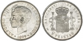 5 pesetas. 1899*18-99. Madrid. SGV. VII-191. Hojitas en anv. EBC+.