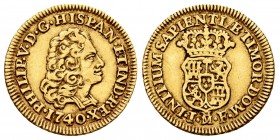 Philip V (1700-1746). 1 escudo. 1740. Madrid. JF. (Cal 2008-491). (Cal 2019-1719). Au. 3,35 g. Rare. Choice VF. Est...350,00.