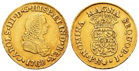 Charles III (1759-1788). 2 escudos. 1768. Popayán. J. (Cal 2008-498). (Cal 2019-1620). Au. 6,68 g. Busto de Fernando VI. Leves rayitas delante del bus...