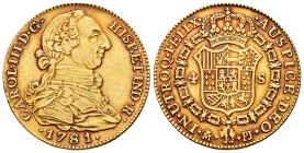 Charles III (1759-1788). 4 escudos. 1781. Madrid. PJ. (Cal 2008-306). (Cal 2019-1785). Au. 13,48 g. Leves rayitas en anverso. Mínimo golpecito en el c...