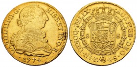 Charles III (1759-1788). 8 escudos. 1774. Popayán. JS. (Cal 2008-125). (Cal 2019-2040). Au. 26,92 g. Choice VF. Est...1100,00.