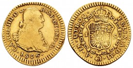 Charles IV (1788-1808). 1 escudo. 1806. Popayán. JF. (Cal 2008-539). (Cal 2019-1168). Au. 3,37 g. Choice F/Almost VF. Est...130,00.
