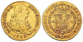 Charles IV (1788-1808). 2 escudos. 1789. Madrid. MF. (Cal 2008-323). (Cal 2019-1274). Au. 6,71 g. Rayita delante del busto. Choice VF. Est...300,00.