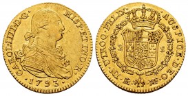 Charles IV (1788-1808). 2 escudos. 1793. Madrid. MF. (Cal 2008-326). (Cal 2019-1279). Au. 6,83 g. Leves rayas de ajuste en anverso y fallito en el can...