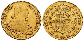 Charles IV (1788-1808). 2 escudos. 1801. Madrid. FA. (Cal 2008-342). (Cal 2019-1303). Au. 6,73 g. Raya en anverso y rayas de ajuste en reverso. Choice...