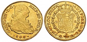 Charles IV (1788-1808). 2 escudos. 1806. Madrid. FA. (Cal 2008-349). (Cal 2019-1314). Au. 6,77 g. Leves rayas de ajuste en anverso. Brillo original. A...