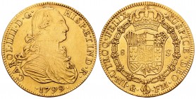 Charles IV (1788-1808). 8 escudos. 1799. México. FM. (Cal 2008-51). Au. 26,88 g. Agujero tapado a las 12 h. Almost VF/VF. Est...975,00.