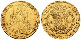 Charles IV (1788-1808). 8 escudos. 1791. Santa Fe de Nuevo Reino. JJ. (Cal 2008-120). (Cal 2019-1719). Au. 26,75 g. This piece was used as a jewell. C...