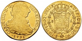 Charles IV (1788-1808). 8 escudos. 1791. Santiago. DA. (Cal 2008-150). (Cal 2019-1591). Au. 27,04 g. Busto de Carlos III y ordinal IIII. VF/Choice VF....