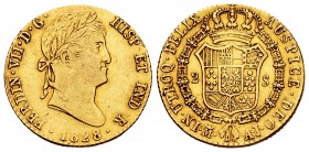 Ferdinand VII (1808-1833). 2 escudos. 1828. Madrid. AJ. (Cal 2008-225). (Cal 2019-1635). Au. 6,72 g. VF/Choice VF. Est...300,00.