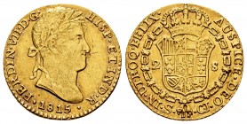 Ferdinand VII (1808-1833). 2 escudos. 1815. Sevilla. CJ. (Cal 2008-257). (Cal 2019-1669). Au. 6,72 g. Marquita delante del busto . VF. Est...280,00.