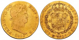 Ferdinand VII (1808-1833). 4 escudos. 1820. Madrid. GJ. (Cal 2008-150). (Cal 2019-1716). Au. 13,45 g. F/Choice F. Est...480,00.
