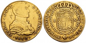 Ferdinand VII (1808-1833). 8 escudos. 1810. Lima. JP. (Cal 2008-14). (Cal 2019-1696). Au. 26,78 g. Busto indígena. Sin punto entre ET e IND. Fue utili...
