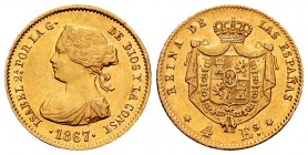 Elizabeth II (1833-1868). 4 escudos. 1867. Madrid. (Cal 2008-111). (Cal 2019-691). Au. 3,36 g. Almost XF. Est...120,00.