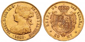 Elizabeth II (1833-1868). 10 escudos. 1868*18-68. Sevilla. (Cal 2008-44). (Cal 2019-815). Au. 8,40 g. Choice VF/Almost XF. Est...300,00.