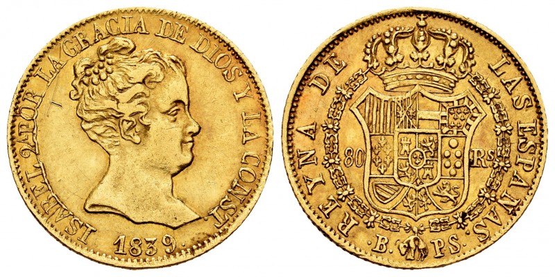 Elizabeth II (1833-1868). 80 reales. 1839. Barcelona. PS. (Cal 2008-55). (Cal 20...