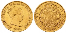 Elizabeth II (1833-1868). 80 reales. 1845. Madrid. CL. (Cal 2008-78). (Cal 2019-732). Au. 6,78 g. Almost VF/VF. Est...275,00.