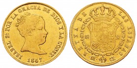 Elizabeth II (1833-1868). 80 reales. 1847. Madrid. CL. (Cal 2008-80). (Cal 2019-734). Au. 6,78 g. Cleaned. VF. Est...275,00.