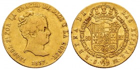 Elizabeth II (1833-1868). 80 reales. 1837. Sevilla. DR. (Cal 2008-85). (Cal 2019-739). Au. 6,73 g. Almost VF/VF. Est...300,00.