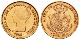 Elizabeth II (1833-1868). 100 reales. 1855. Barcelona. (Cal 2008-8). (Cal 2019-763). Au. 8,35 g. Choice VF. Est...320,00.