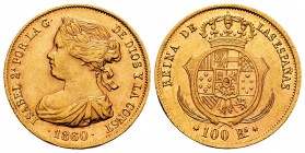 Elizabeth II (1833-1868). 100 reales. 1860. Barcelona. (Cal 2008-13). (Cal 2019-772). Au. 8,35 g. Minor nicks on edge. Almost XF. Est...300,00.