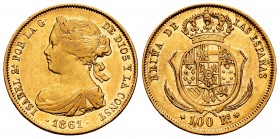 Elizabeth II (1833-1868). 100 reales. 1861. Madrid. (Cal 2008-26). (Cal 2019-788). Au. 8,28 g. VF. Est...300,00.