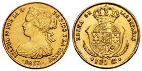 Elizabeth II (1833-1868). 100 reales. 1857. Sevilla. (Cal 2008-35). (Cal 2019-798). Au. 8,35 g. Traces of soldering. Choice VF. Est...250,00.
