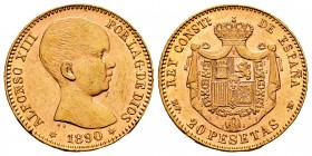 Centenary of the Peseta (1868-1931). Alfonso XIII (1886-1931). 20 pesetas. 1890*18-90. Madrid. MPM. (Cal 2008-5). (Cal-114). Au. 6,44 g. Minor nick on...