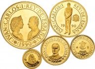 Juan Carlos I (1975-2014). 1990. Lote de 5 piezas oro, correspondientes a II serie del V Centenario, 5000, 10000, 20000, 40000 y 80000 pesetas. A EXAM...