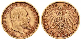 Germany. Wilhelm II. 20 marcos. 1900. Stuttgart. F. (Fried-3876). Au. 7,95 g. VF. Est...300,00.