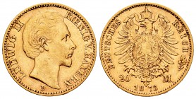 Germany. Bayern. Ludwig II. 20 marcos. 1873. München. D. (Km-894). Au. 7,93 g. Choice VF. Est...280,00.