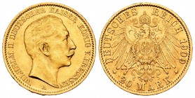 Germany. Prussia. Wilhelm II. 20 marcos. 1909. Berlin. A. (Km-521). Au. 7,95 g. AU. Est...280,00.