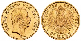 Germany. Saxony. George I. 20 marcos. 1903. Muldenhutten. E. (Km-1260). (Fr-3846). Au. 7,96 g. Minor nick on edge. Scarce. XF. Est...320,00.