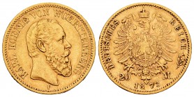 Germany. Wurttemberg. Karl I. 20 marcos. 1873. Stuttgart. F. (Km-622). (Fr-3870). Au. 7,89 g. Choice VF. Est...280,00.