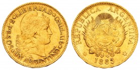 Argentina. 5 pesos (argentino). 1883. (Km-31). Au. 8,01 g. Choice VF. Est...280,00.