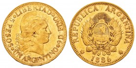 Argentina. 5 pesos (argentino). 1886. (Km-31). Au. 8,04 g. Choice VF. Est...280,00.