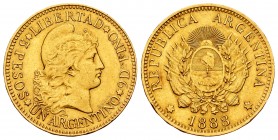 Argentina. 5 pesos (argentino). 1888. (Km-31). Au. 8,05 g. Minor nick on edge. Almost XF. Est...280,00.