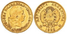 Argentina. 5 pesos (argentino). 1888. (Km-31). Au. 8,04 g. Choice VF. Est...280,00.