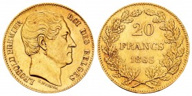Belgium. Leopold I. 20 francos. 1865. (Km-23). (Fr-411). Au. 6,44 g. Almost XF. Est...220,00.