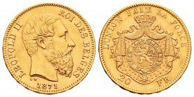 Belgium. Leopold II. 20 francos. 1871. (Km-37). Au. 6,45 g. XF. Est...220,00.