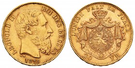 Belgium. Leopold II. 20 francos. 1875. (Km-37). (Fr-412). Au. 6,45 g. XF. Est...220,00.