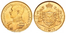 Belgium. Albert I. 20 francos. 1914. (Km-79). Au. 6,44 g. Almost UNC. Est...230,00.