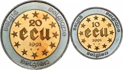Belgium. 20 y 10 ecu. 1991. (Km-181 y 182). 40º Aniversario del reinado de Balduino. Bimetálica en plata y oro. PR. Est...200,00.