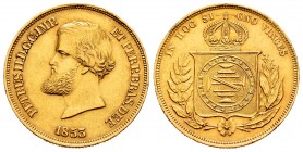 Brazil. Petrus II. 10000 reis. 1853. (Km-467). Au. 8,93 g. Almost XF. Est...280,00.
