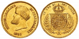 Brazil. Petrus II. 10000 reis. 1856. (Km-467). Au. 8,95 g. Minor nicks on edge. AU. Est...320,00.